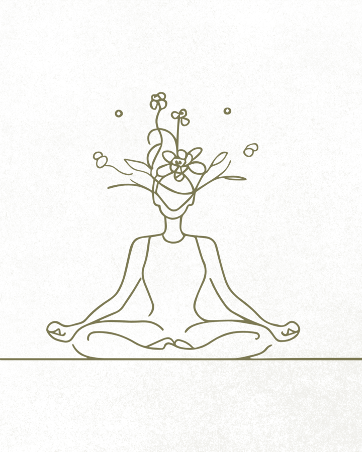 Line drawing of a person seated in meditation with flowers blooming from their head, representing embodied ease and confidence.