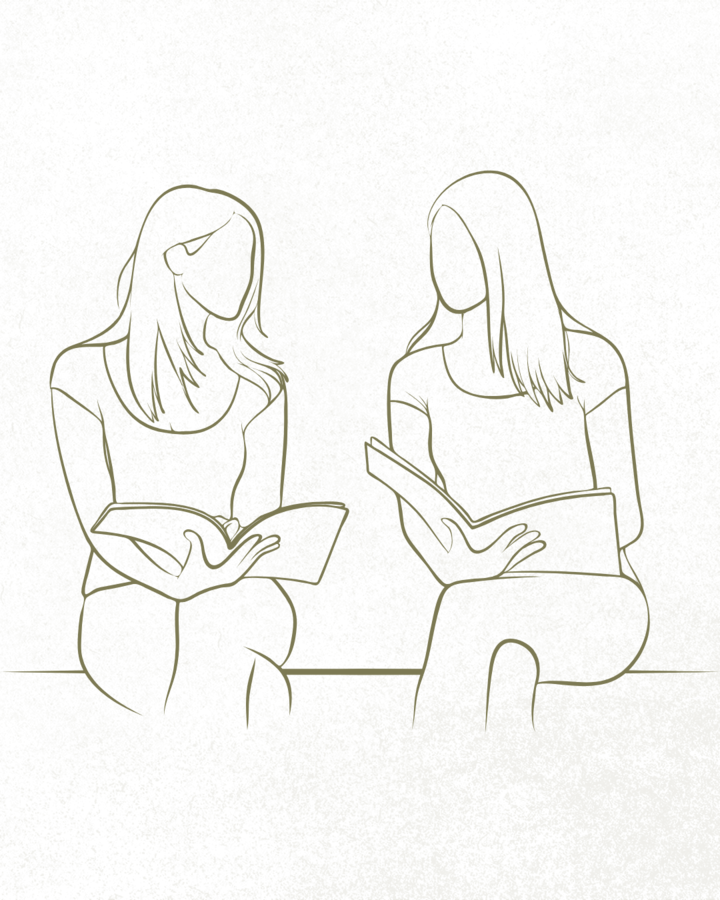 Line drawing of two women sitting together with open books, representing a thorough intake conversation.
